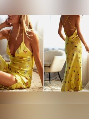 Anthropologie Yellow Silk Butterfly Cutout Maxi Dress NWT XS Graduation Dress